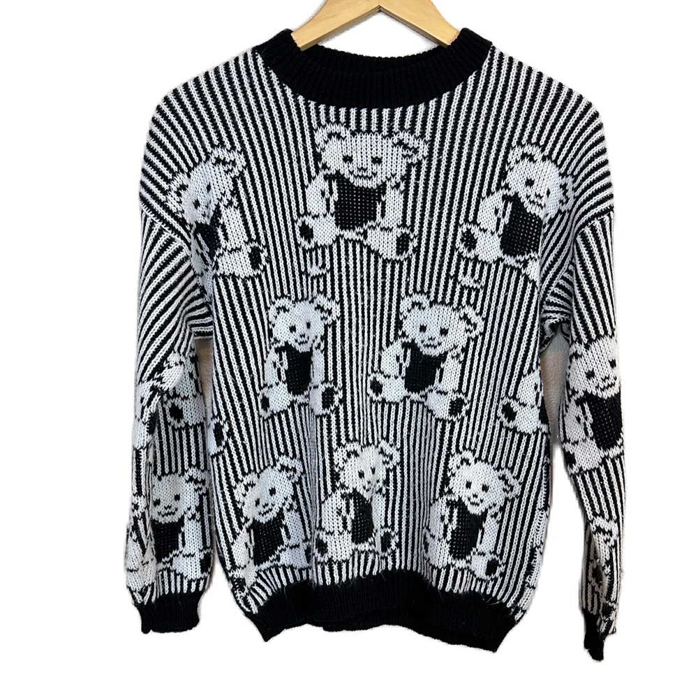 VTG Adele Teddy Bear Black‎ White Pullover Knitwear Sweater Women’s Sz Medium